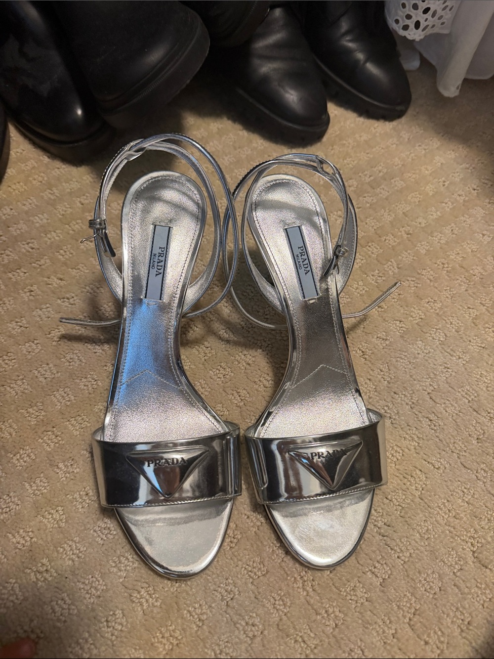 Prada Silver Metallic Open-Toe Ankle-Strap Sandals